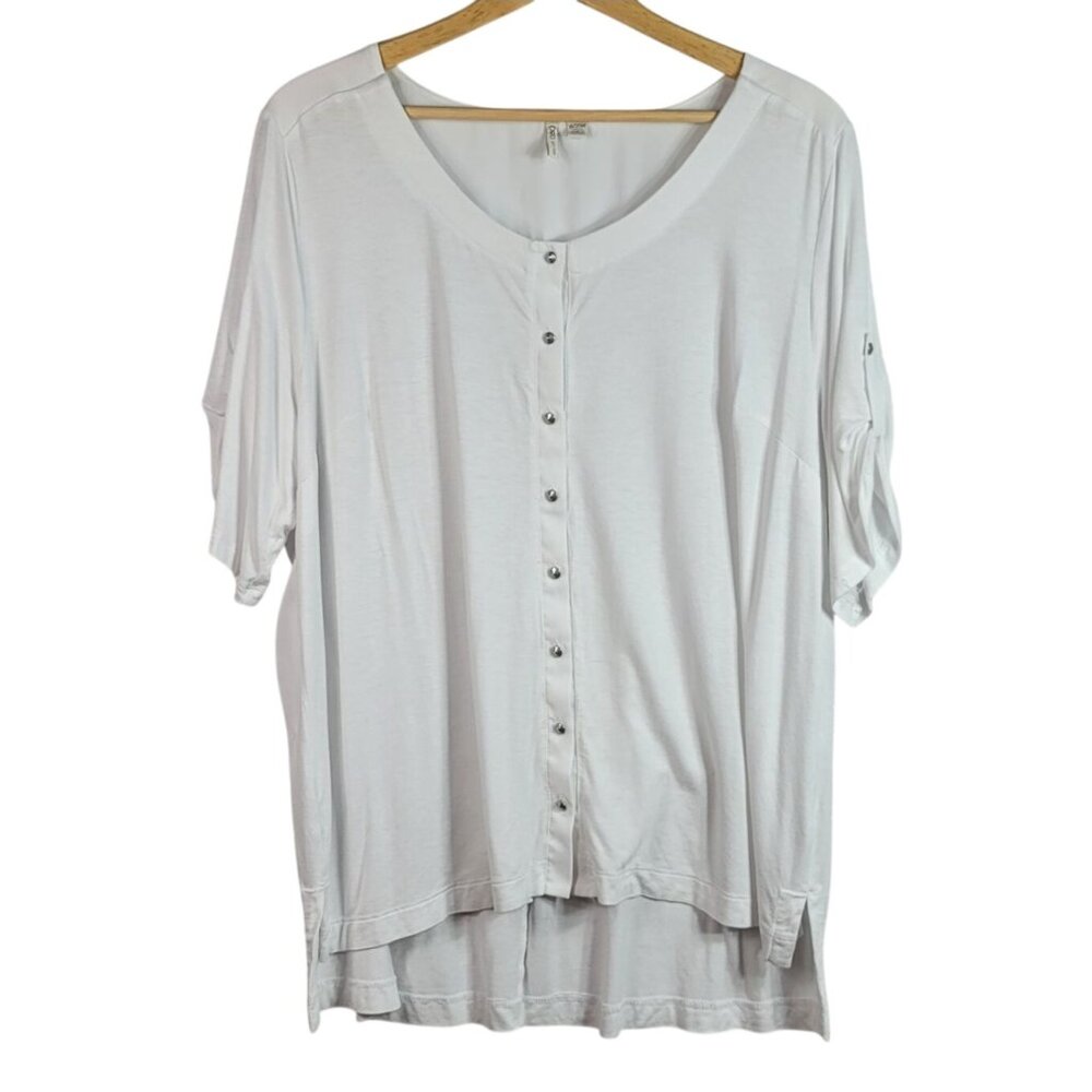 Cato Button Front Top White Size 18 20W Scoop Neck 3/4 Sleeve Stretchy Hi Low